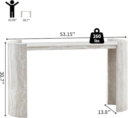 53" Console Table for Entryway, Narrow Sofa Entrance Table with Faux Mars Marble Pattern, Modern Sofa Tables with Round Raised Edge Design for Living Room, Hallway, Foyer, Home Office, Beige