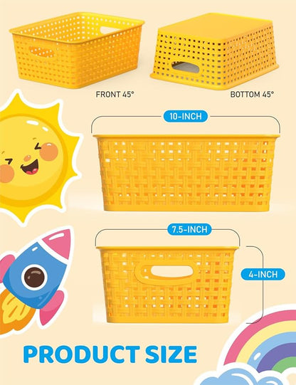 WYT 6-Pack Plastic Small Shelf Storage Weave Baskets Organizing for Cabinets and Pantries, Yellow