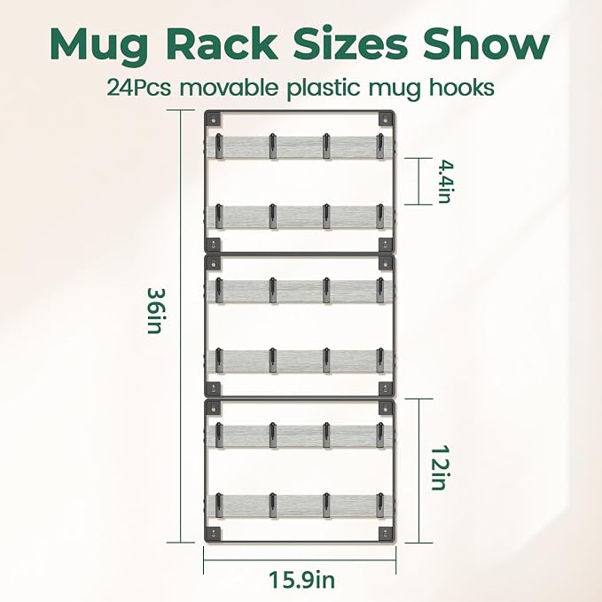 EsLuker.ly Mug Holder Hanger Rack Wall Mounted Wooden 3 Pack Coffee Cup Storage Organizer Display Shelf with 24 Movable Plastic Hooks, Ideal for Mug Collectors, Light Grey-Black