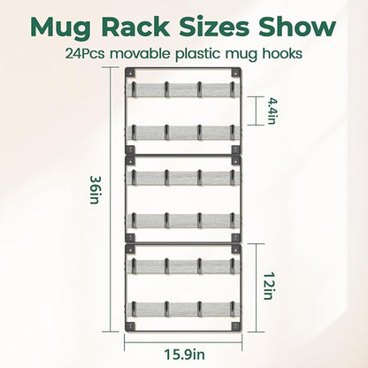 EsLuker.ly Mug Holder Hanger Rack Wall Mounted Wooden 3 Pack Coffee Cup Storage Organizer Display Shelf with 24 Movable Plastic Hooks, Ideal for Mug Collectors, Light Grey-Black