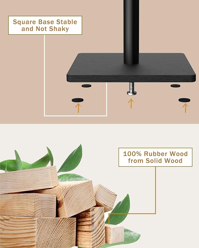 Yawinhe Coat Rack, Sturdy Woode Stand Tree with 8 Hooks, 3 Adjustable Height for Bedroom, Hallway, Entrance, Office, 11.8 x 70.8 inches, Black, 1-Pack, Square Base