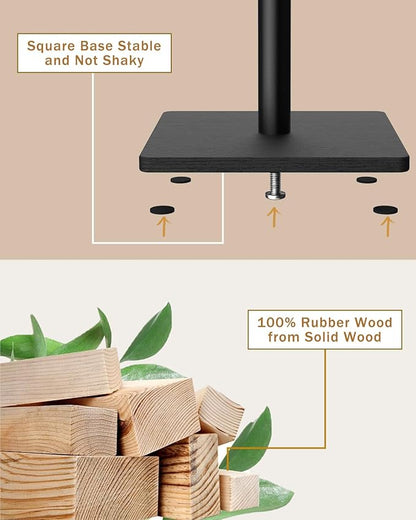 Yawinhe Coat Rack, Sturdy Woode Stand Tree with 8 Hooks, 3 Adjustable Height for Bedroom, Hallway, Entrance, Office, 11.8 x 70.8 inches, Black, 1-Pack, Square Base