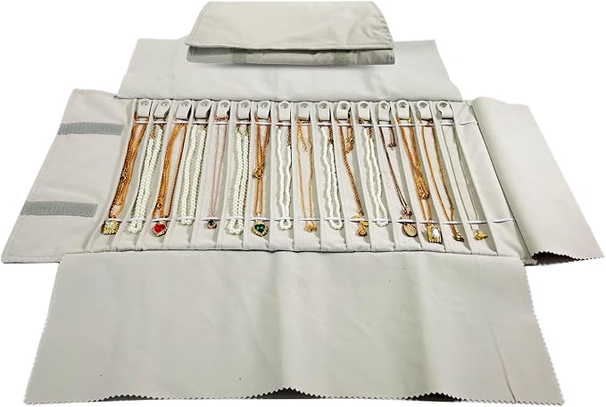 Portable Jewelry Roll Untangled Secure Necklace Travel Storage Bag Displays Holder 16 Chain (Beige)