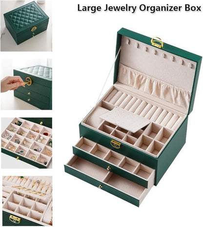 GUOER Jewelry Box for Women Girl Wife 3 Layers Large PU Leather Jewelry Organizer Storage Case with Two Layers Display for Earrings Bracelets Rings Watches (Green)