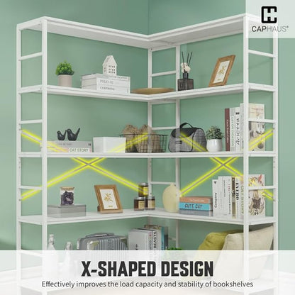 CAPHAUS L-Shaped Bookshelf, 5 Tier Industrial Corner Bookcase, Tall Corner Shelf with Metal Frame, Wooden Board, Open Display Shelf for Living Room, Bedroom, Home and Office,White