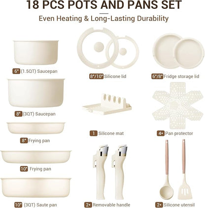 Ammeloo Ceramic Pots and Pans Set Non Stick, Non Toxic Cookware Set with Removable Handles, 18 Pcs Healthy Kitchen Cooking Set, Induction Ready, Dishwasher & Oven Safe, PFAS PFOA & PTFE Free