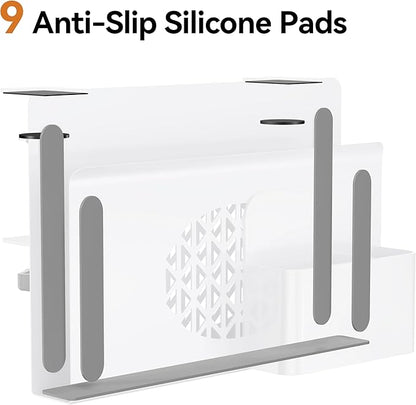 Desk Side Storage, Metal Laptop Holder with Magnetic Pen Box, Clamp-On Under Desk Organizer with Cooling Holes & Anti-Scratch Pads for Office and Home (White)