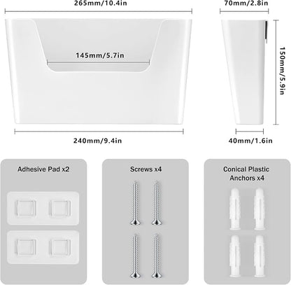 JOMOLA No Drilling File Holder 2 Pack Mail Organizer Wall Mount File Organizer Holder Office Wall Hanging Files Magazines Organizer Plastic Door Mount Wall Pocket with Adhesive Pad, White Color