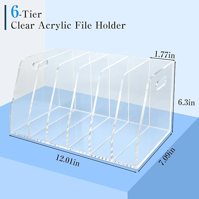 6-Tier Clear Acrylic File Holder, Vertical Document Organizer for Magazines, Binders, Notebooks & Envelopes - Multi-Purpose Desk Storage for Home Office（B5,6 Sections）