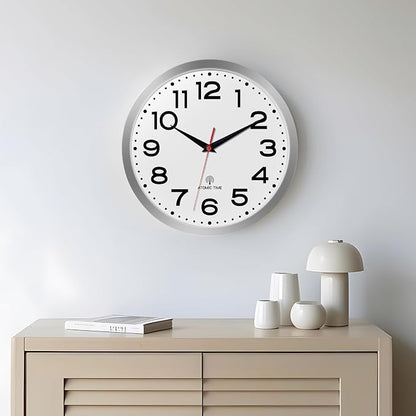 Roymnie Atomic Wall Clock 14 Inch, Modern Clock Battery Operated Classic Analog Decorative for Kitchen, Living Room, Office, Bedroom, Bathroom (Silver)