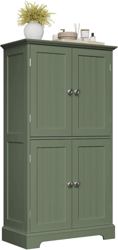 ChooChoo Bathroom Floor Cabinet, Modern Bathroom Storage Cabinet with 4 Doors and Adjustable Shelves, Freestanding Cupboard for Living Room, Green