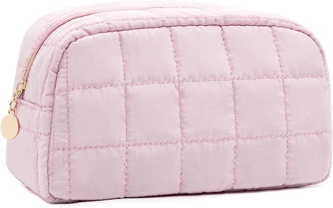 Makeup Bag for Women, Travel Cosmetic Bag Organizer with Compartments, Quilted Puffy Toiletry Pouch for Brushes, Essentials and Accessories, Pink