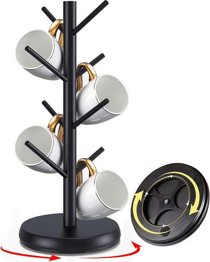 Bamboo Mug Holder Tree - Upgraded 360° Rotating 8 Hooks Coffee Cup Rack, Sturdy No-Tool Assembly Counter Organizer for Mugs, Jewelry & Accessories, Eco-Friendly Wood Stand(Black)