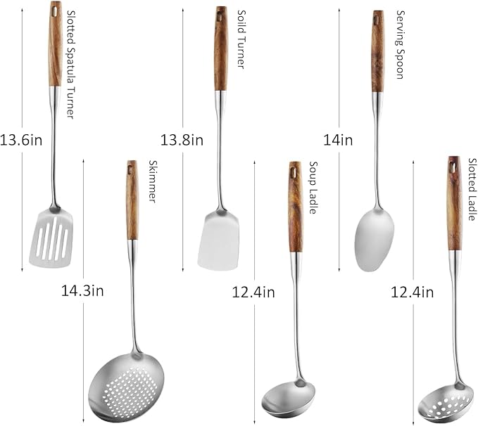 6 Pcs Cooking Utensils Set 304 Stainlss Steel Kitchen Utensils Set Heat Resistant Wooden Handle Kitchen Tools Metal Kitchen Utensil Soup Ladle Set, Dishwasher Safe