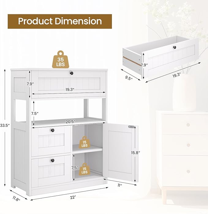 GRUSIGN Bathroom Cabinet, Modern Bathroom Floor Storage Cabinet Organizer with 1 Door and 3 Drawers, Freestanding Cupboard for Kitchen/Living Room Use
