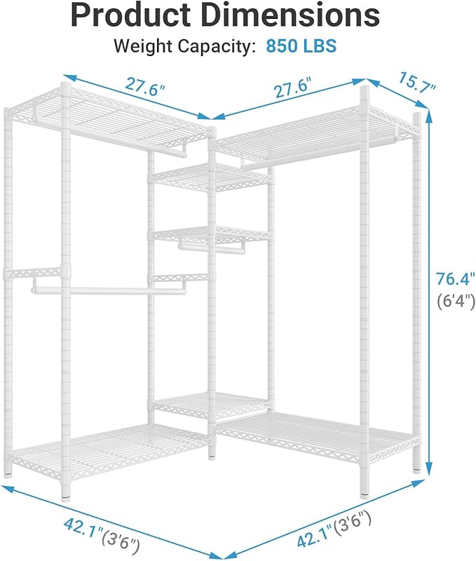 VIPEK L6 Heavy Duty Clothes Rack L Shape Clothing Rack 5-Tier Wire Garment Rack Freestanding Closet with 7 Adjustable Shelves & 4 Hanging Rods, 42.1" L x 42.1" W x 76.4" H, Max Load 850LBS, White