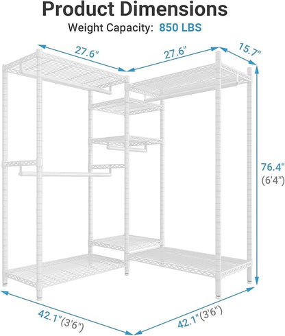 VIPEK L6 Heavy Duty Clothes Rack L Shape Clothing Rack 5-Tier Wire Garment Rack Freestanding Closet with 7 Adjustable Shelves & 4 Hanging Rods, 42.1" L x 42.1" W x 76.4" H, Max Load 850LBS, White