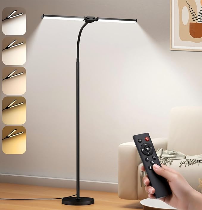 LED Floor Lamp for Living Room, Bright Reading Lamps for Office, Adjustable Colors Temperatures&Brightness, Dual Head Goose-Neck Standing Lamp, Remote and Button Control, Eye Caring Tall Lamp, Black