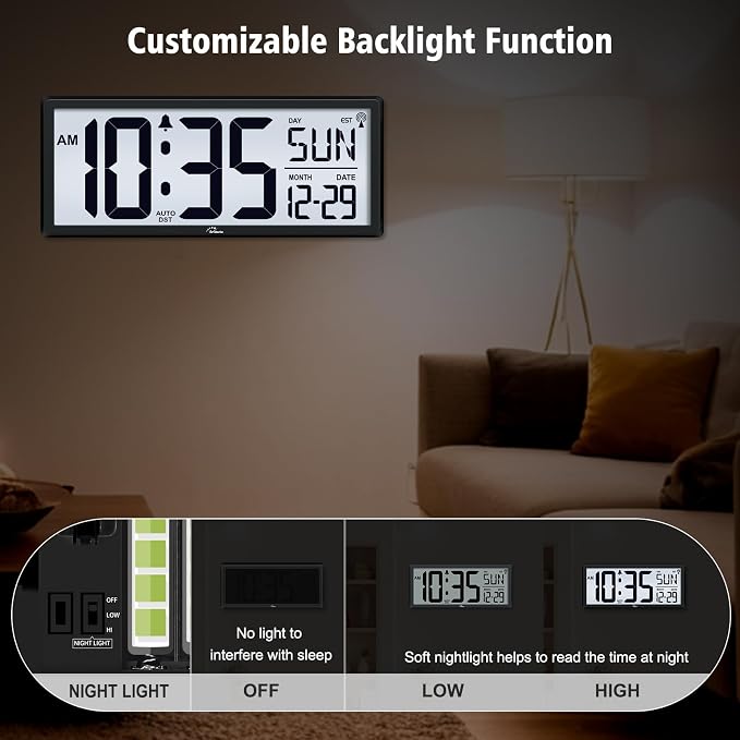 WallarGe 14.5'' Atomic Clock with Backlight, Large Digital Wall Clock Battery Operated, Large Display with Temperature and Date, Easy to Read and Set Digital Wall Clock, Auto DST