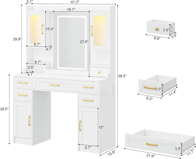 KAMABOKO Vanity Desk with Mirror & LED Lights & Power Outlet, Large Makeup Vanity Table with 5 Drawers and 4 Storage Cabinets, White Dressing Table for Bedroom