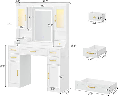 KAMABOKO Vanity Desk with Mirror & LED Lights & Power Outlet, Large Makeup Vanity Table with 5 Drawers and 4 Storage Cabinets, White Dressing Table for Bedroom