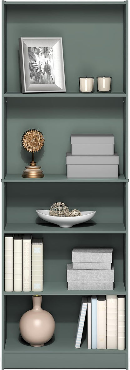 Furinno Jaya Book Shelf, 5-Tier Bookshelf, Bookcase with Adjustable Shelves, 9.5" x 24.5" x 71.2", for Organization and Storage, for Living Room, Bedroom, Home Office, Sage Green