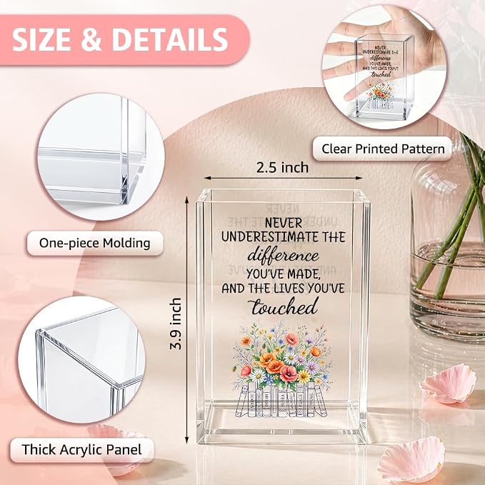 Never Underestimate The Difference You’ve Made Acrylic Pencil Holder Cup, Social Worker Appreciation Gifts for Desk Organizer, Floral Books Mark Holder Gifts for Teacher MSW, Graduation Present