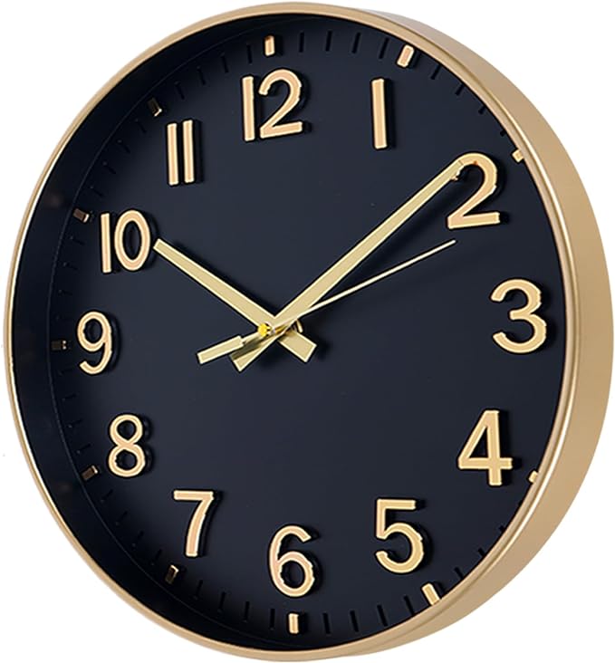 HZDHCLH Wall Clocks Battery Operated,Wall Clock Black Gold,10 inch Wall Clock Silent Non Ticking Modern 3D Numbers for Kitchen Bedroom Living Room Office Classroom Decor