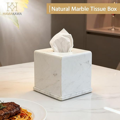 HAMAKAWA Natural Marble Tissue Box Cover, Volakas White Tissue Organizer 6 x 6 x 5.7 inch, Heavy Stone Decorative Box, Square Tissue Box Holder for Home Decor, Kitchen, Bathroom, Bedroom