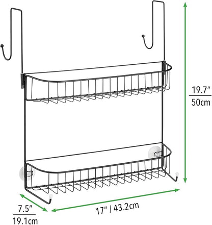 mDesign Extra Wide Metal Wire Over the Bathroom Shower Door Caddy, Hanging Storage Organizer with Built-In Hooks and Baskets on 2 Levels for Shampoo, Body Wash, Loofahs, Rust Resistant - Matte Black