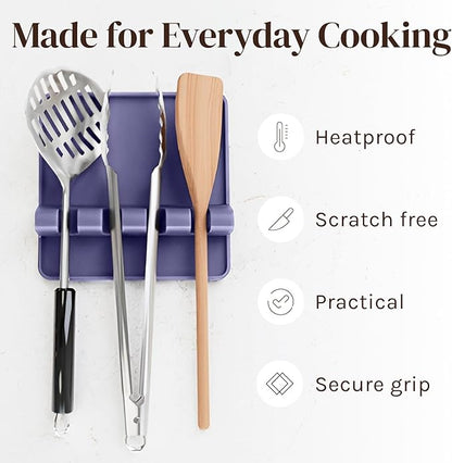 Cooler Kitchen Silicone Spoon Rest for Stove Top with Drip Pad (Two Pack) - Heat Resistant BPA Free Utensil Rest & Spoon Holder for Kitchen Counter - Grill Utensil Holder - Spatula Holder, Purple