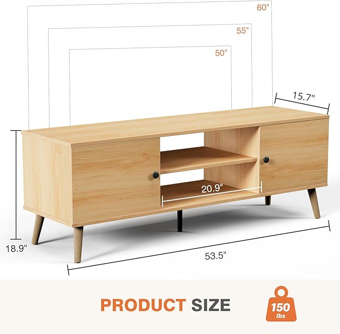 Sweetcrispy TV Stand for 55 60 inch TV, Modern Mid Century Entertainment Center with Storage, Media Console Table 2 Cabinet, Soft Hinge, Handle Door, Wooden Living Room, Office Furniture, Oak