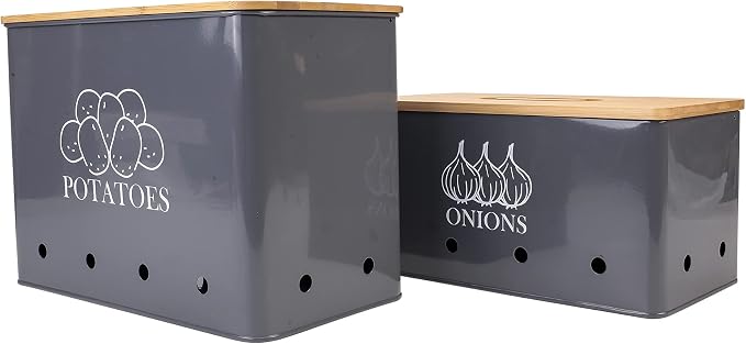 Potato and Onion Storage Bin Set of 2, Vented Metal Vegetable Storage with Wooden Lids, Farmhouse Kitchen Canisters for Countertop Pantry Organizer, Potato Bin Onion Holder for Produce Storage, Grey