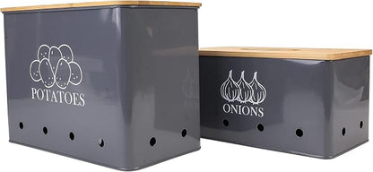 Potato and Onion Storage Bin Set of 2, Vented Metal Vegetable Storage with Wooden Lids, Farmhouse Kitchen Canisters for Countertop Pantry Organizer, Potato Bin Onion Holder for Produce Storage, Grey