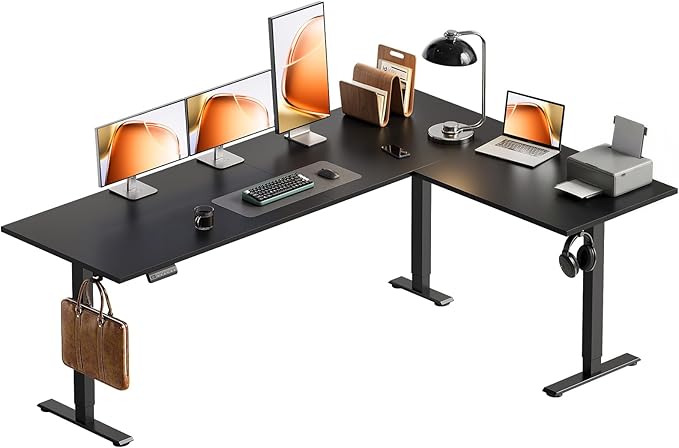 OffiGo 71 Inch Reversible L Shaped Electric Standing Desk, Height Adjustable Corner Stand up Desk, Ergonomic Large Lift Computer Table for Home, Office, Workstation, Black