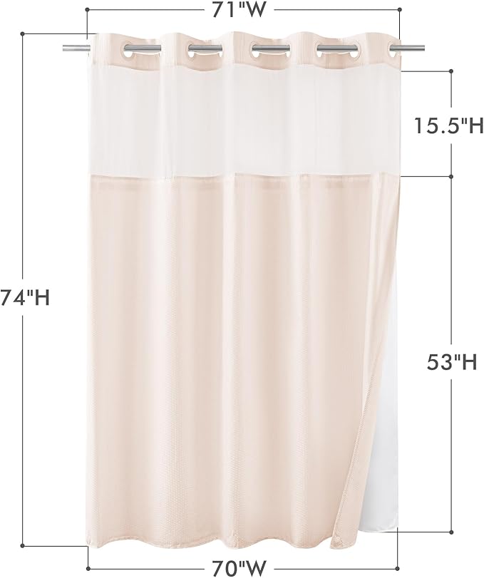 Mrs Awesome No Hook Shower Curtain with Snap-in Liner, Embossed Waffle Design Fabric Shower Curtain for Bathroom, Soft & Lightweight, 71x74, Pink