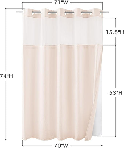 Mrs Awesome No Hook Shower Curtain with Snap-in Liner, Embossed Waffle Design Fabric Shower Curtain for Bathroom, Soft & Lightweight, 71x74, Pink