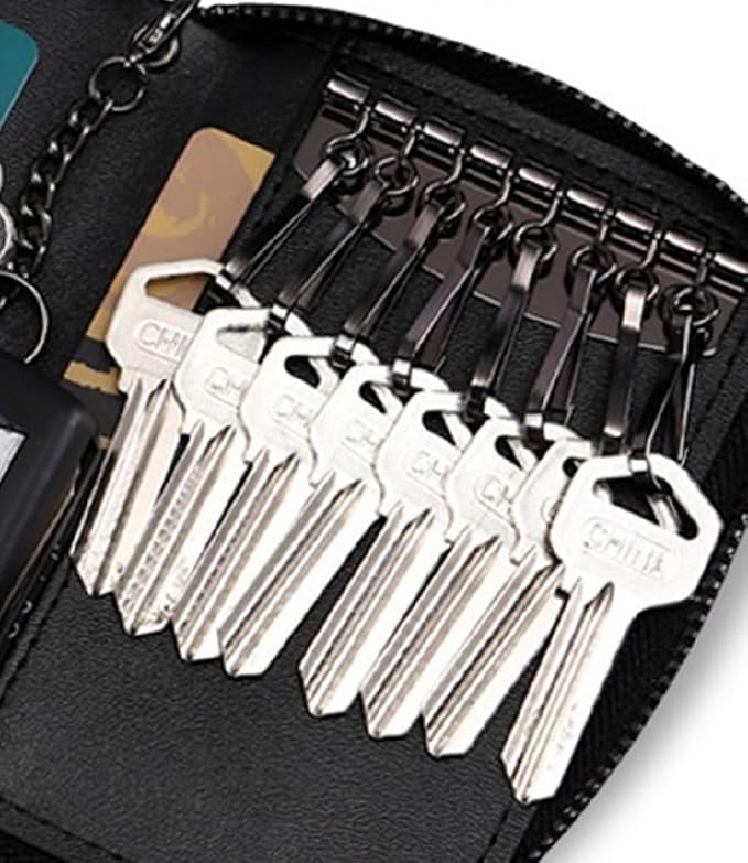 BAKUN Large Zipper Leather Car Key Case, Key Holder Key Organizer Wallet, With 16 Hooks(Black)