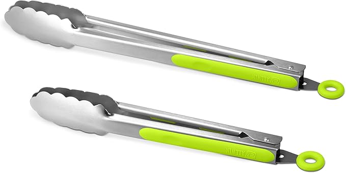 Premium 304 Stainless Steel Tongs Set – 12" Grill Tongs & 9" Cooking Tongs, Heat Resistant up to 600°F, Wavy Grip Head, Non‑Slip Handle with Locking Clip & Hanging Loop, Dishwasher Safe, Green