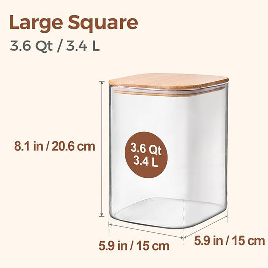 ComSaf 3.6Qt Glass Food Storage Containers, Cereal Storage Containers with Airtight Lids, Large Square Glass Jars with Bamboo Lids, for Rice, Pasta, Oats, Grains, Coffee Beans