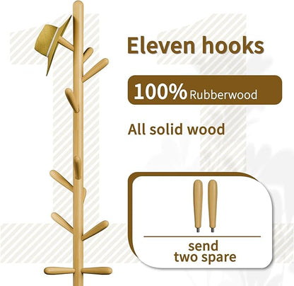 Solid Wood Coat Rack, Freestanding Tree-Shaped Coat Rack with 11 Hooks, Main Pole 1.6" dia for Clothes, Hat Stand Used in Bedroom/Office/Entryway (3-Leg Base, Natural Beige)