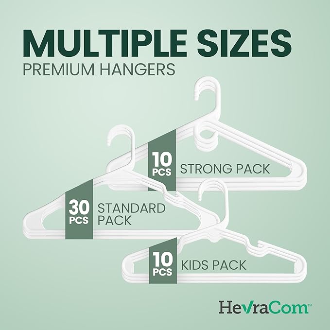 HevraCom Clothes Hangers Family Pack Strong Non Slip Hangers 50 Pack - 30 Standard, 10 Kids, 10 Heavy Duty, Space Saving Coat and Pants Hangers, Skirt Hanger for Storage, Hangers Plastic 50 Pack