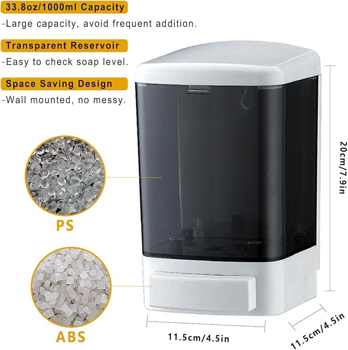 Manual Soap Dispenser 33.8oz / 1000ml Kitchen Bathroom Wall Mounted Commercial Soap Dispenser for Liquid Containers Shampoo Gel Chamber Hotel Restaurant