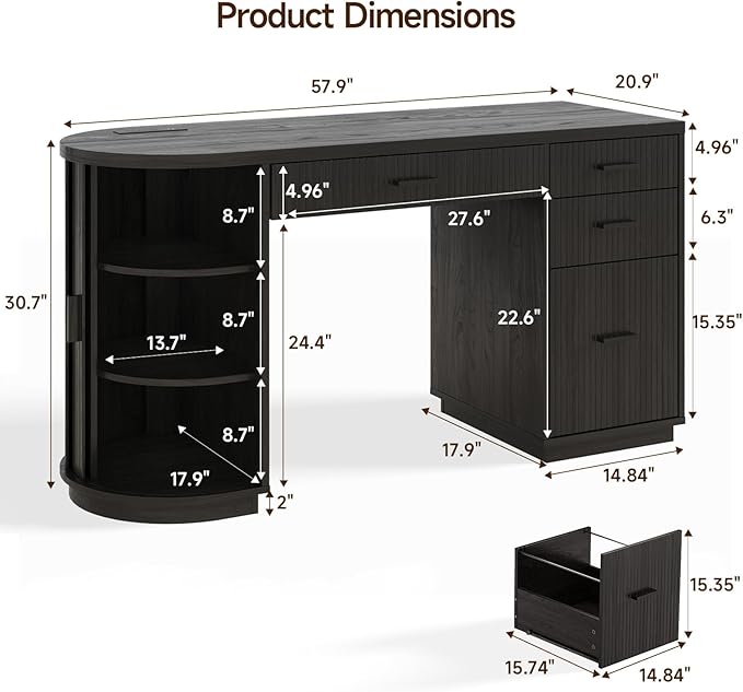 ONBRILL 58 Inch Fluted Executive Desk, Computer Desk with Storage Drawers & File Drawer, Modern Home Office Desk with Charging Station for Working, Studying, Writing, Black