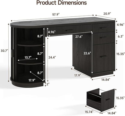 ONBRILL 58 Inch Fluted Executive Desk, Computer Desk with Storage Drawers & File Drawer, Modern Home Office Desk with Charging Station for Working, Studying, Writing, Black