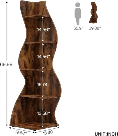 Arvolia 70 Inch Corner Bookshelf, Modern 5-Tier Small Bookshelf with Unique Curved Design, Freestanding Vertical Storage Shelf for Living Room, Bedroom or Home Office (Brown Modern)