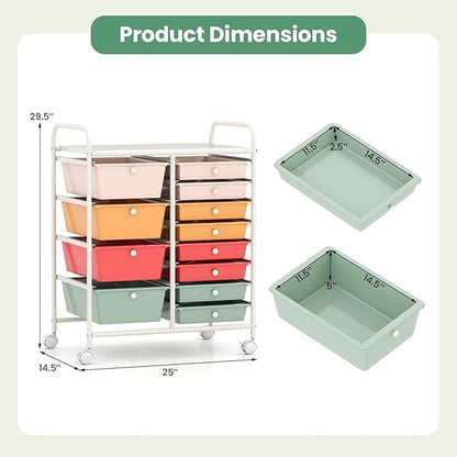 LDAILY 12 Drawer Rolling Storage Cart, Rolling Cart with Drawers for Classroom, Art Supply Craft Organizer on Wheel with Metal Frame & Handles for Home Office School (Macaron, 12 Drawer Left-Right)
