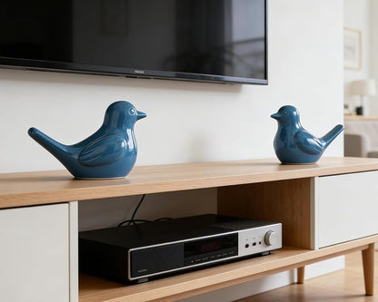 Artconal Small Blue Bird Statue Ceramic 2-Piece Set, 3¾ inch Cute Knick Knack for Home Office Shelf Desk Decor