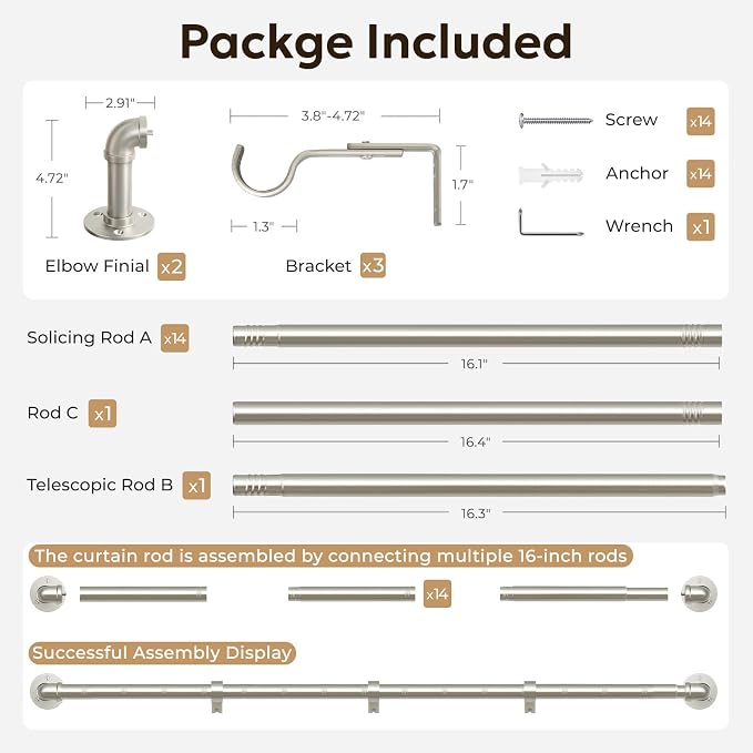 Zeerobee Curtain Rods for Windows 120 to 240, 1 Inch Industrial Wrap Around Brushed Nickel Curtain Rod, Indoor/Outdoor Room Divider Adjustable Drapery Pole, 120"-240"