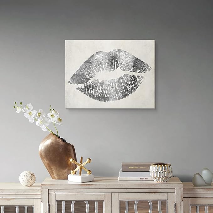 Silver Wall Decor Glam Lip Canvas Wall Art Gray and White Sexy Woman Lip Picture Painting Gallery Wrapped for Bedroom Makeup Room Decoration 16x12Inch